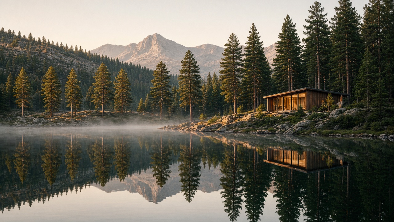 Data Room Works — Serene architectural studio view across mountain lake